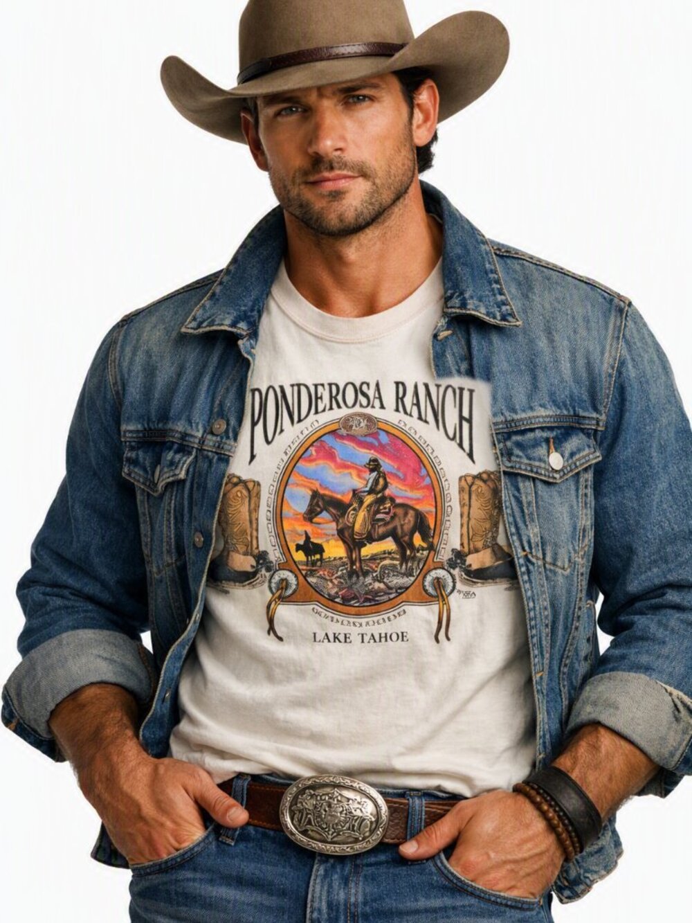 Vtg 90's Double Sided Ponderosa Ranch Lake Tahoe Single Stitch Tee Shirt Lage